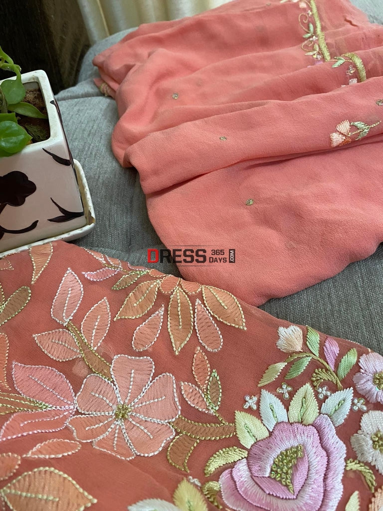 Peach All Over Multicolour Chikankari Parsi Gara Suit Suits