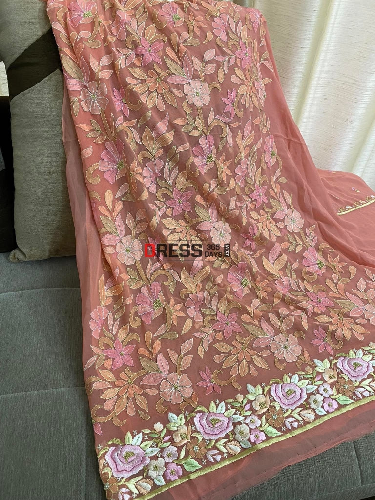 Peach All Over Multicolour Chikankari Parsi Gara Suit Suits