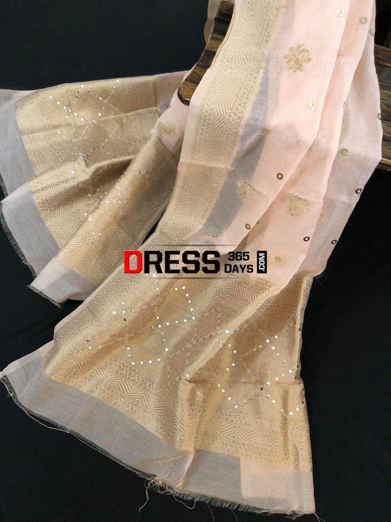 Peach Chanderi Banarasi Aari Zari Mukaish Stole Dupatta Chikankari