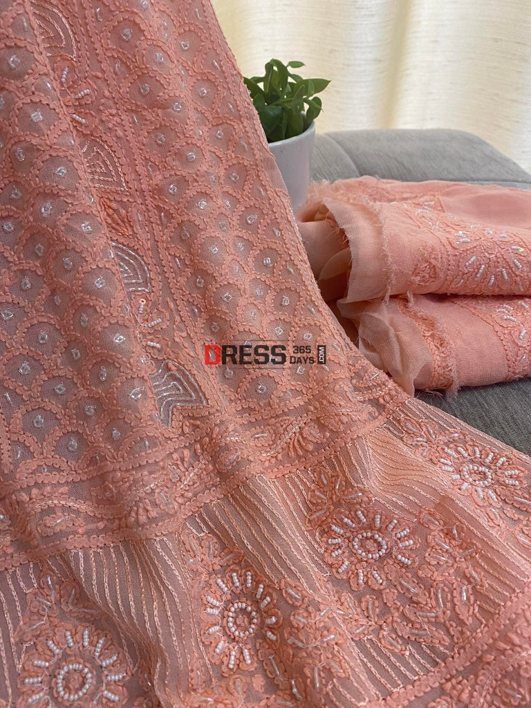 Peach Chikankari & Pearl Kurta Dupatta Set Suits