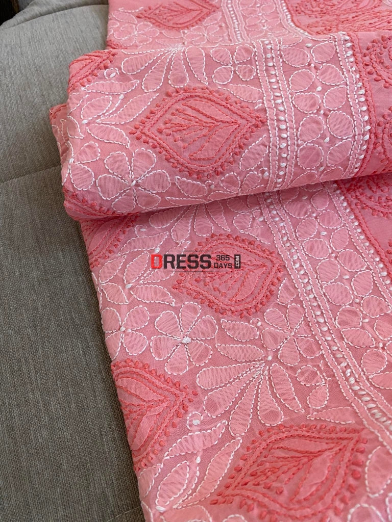 Peach Cotton Chikankari Kurti Fabric (Kurti Only) Fabric