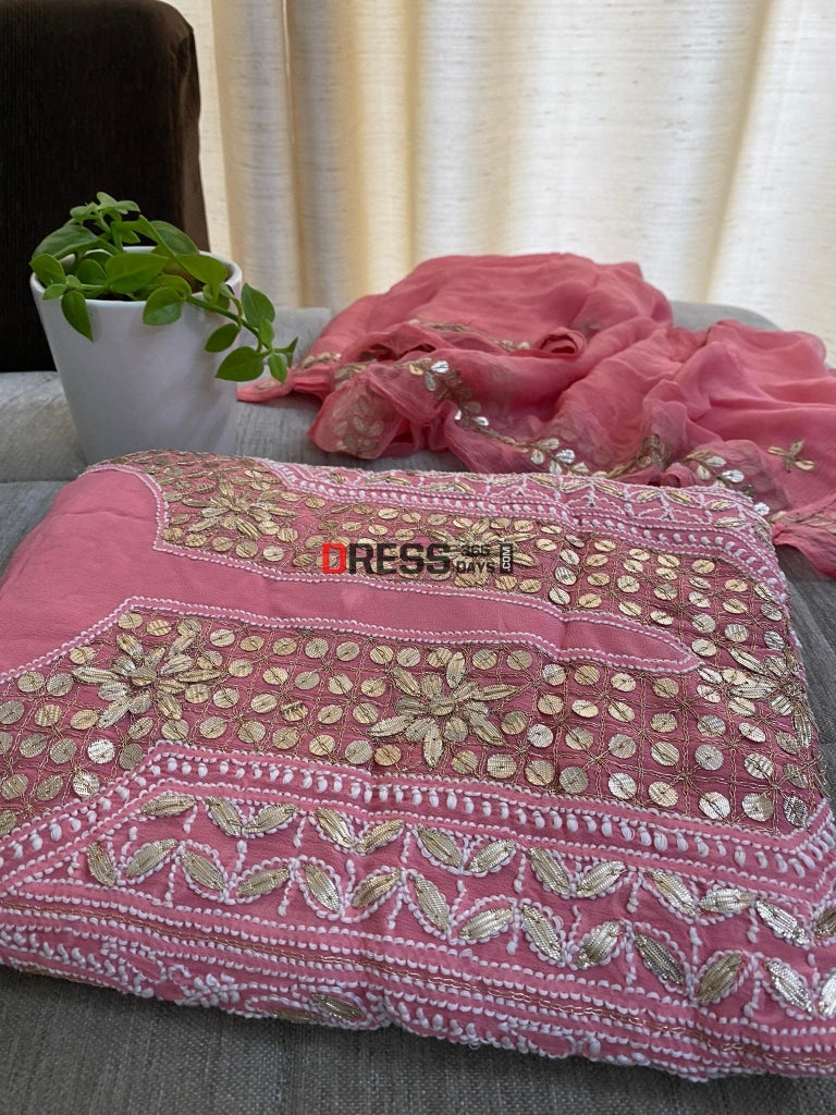 Peach Gota Patti Neckline Chikankari Kurta Dupatta Suits