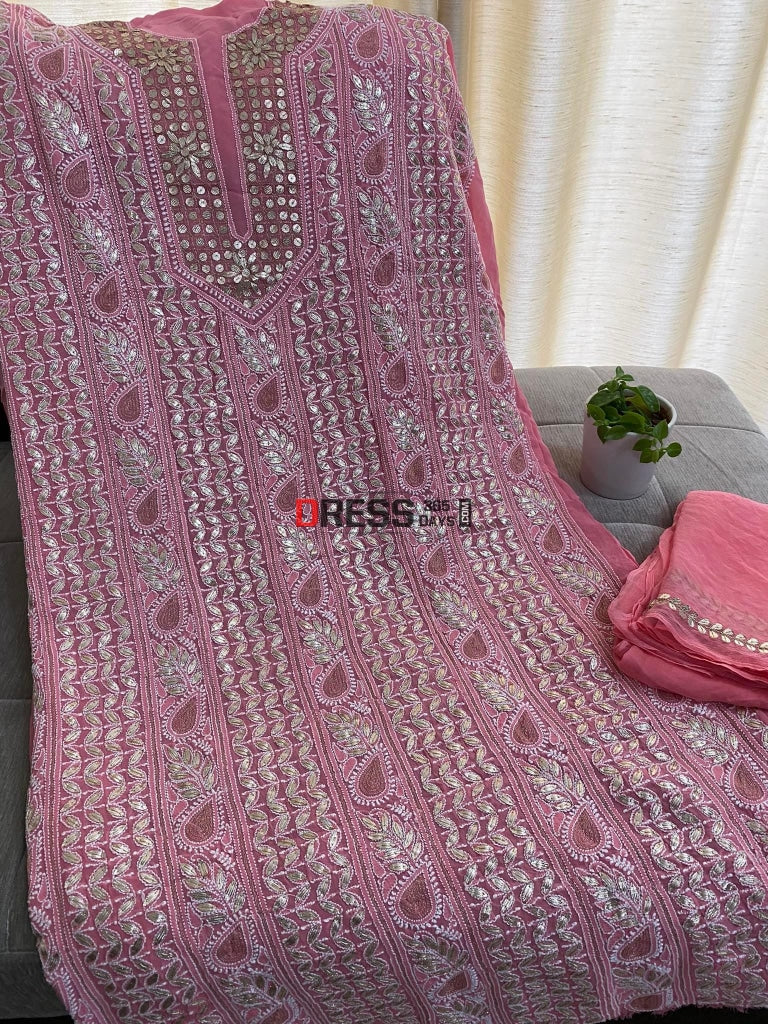 Peach Gota Patti Neckline Chikankari Kurta Dupatta Suits