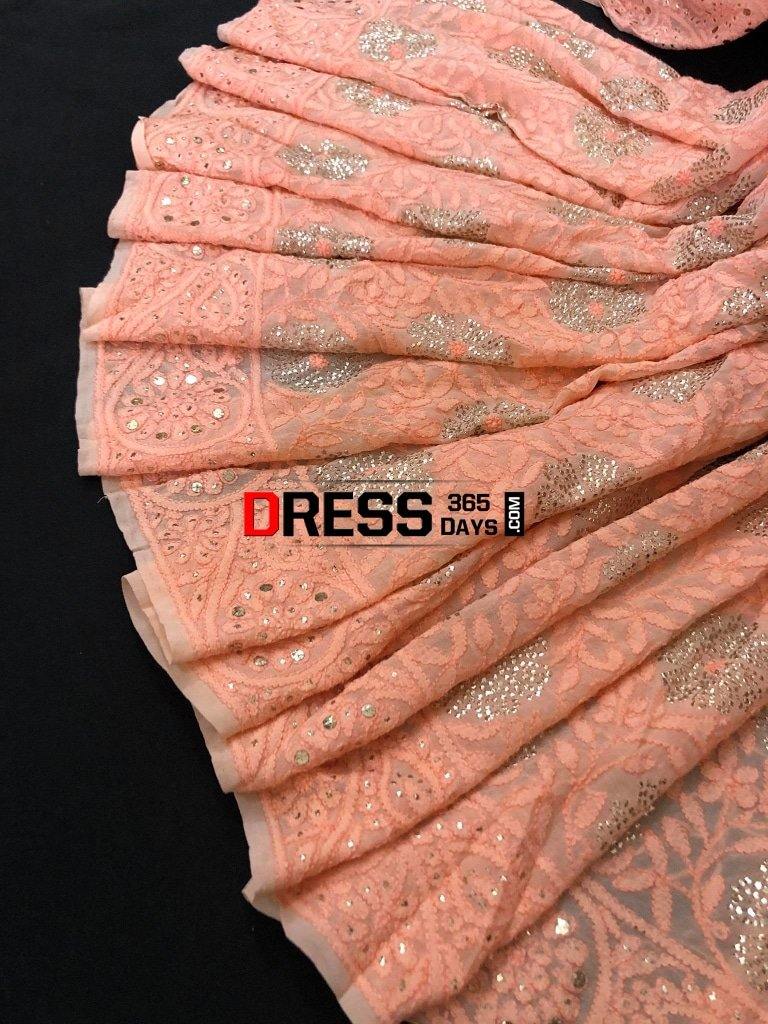 Peach Hand Embroidered Kamdani Chikankari Saree