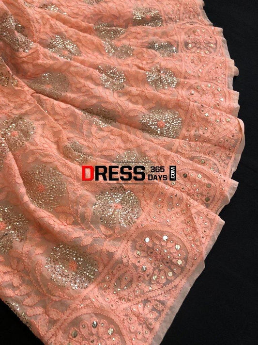 Peach Hand Embroidered Kamdani Chikankari Saree