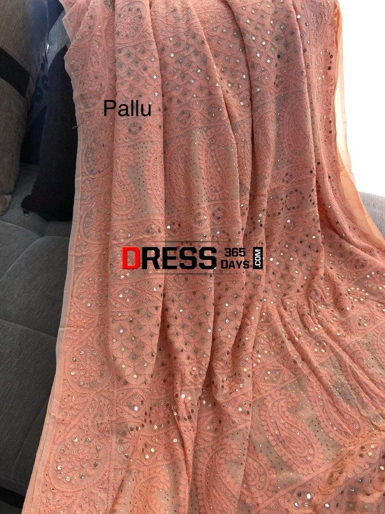 Peach Hand Embroidered Kamdani Chikankari Saree