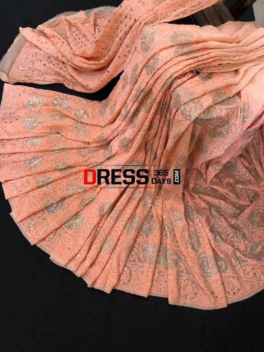 Peach Hand Embroidered Kamdani Chikankari Saree