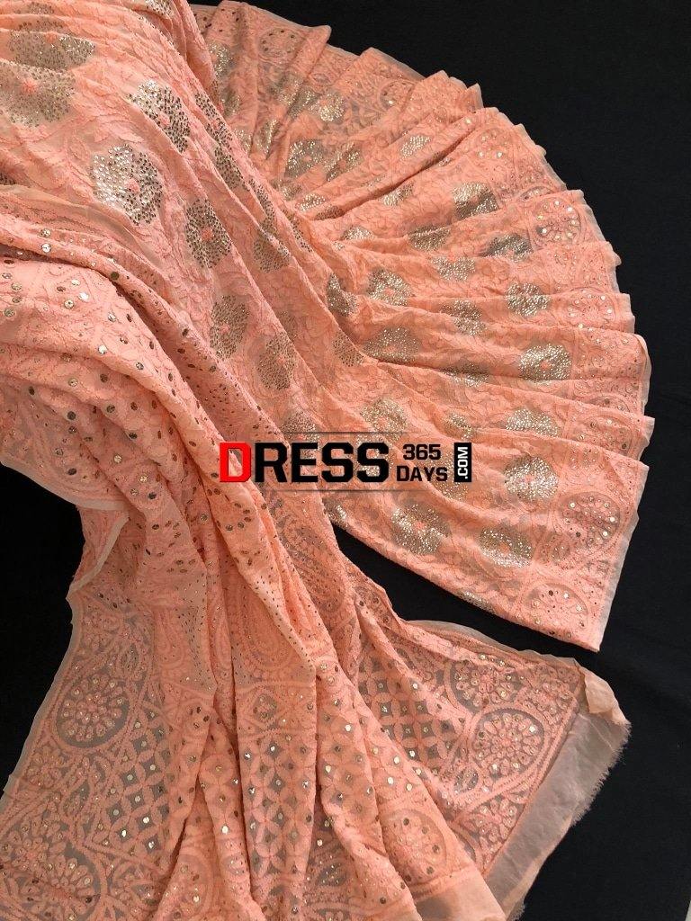 Peach Hand Embroidered Kamdani Chikankari Saree