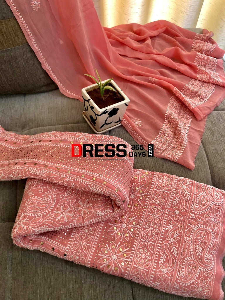 Peach Kamdani Lucknow Chikankari Anarkali Suit