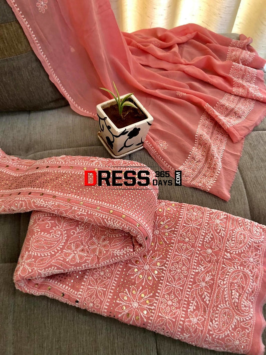 Peach Kamdani Lucknow Chikankari Anarkali Suit