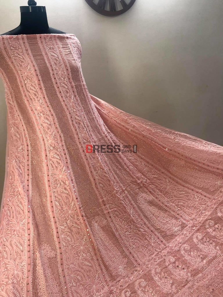 Peach Kamdani Lucknowi Chikankari Anarkali Suit