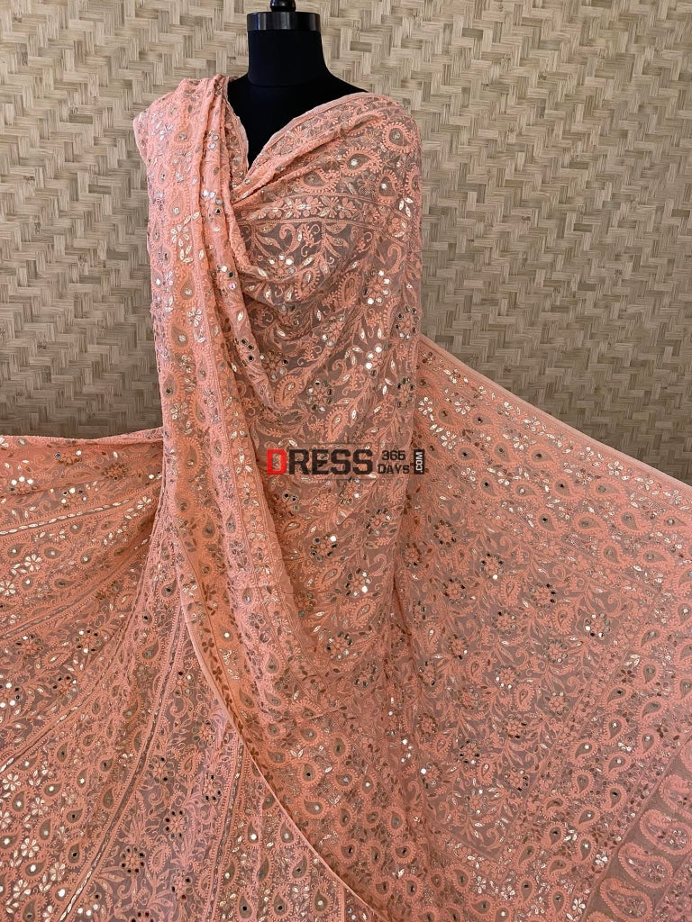 Peach Lucknowi Mirror & Gota Patti Lehenga Set Chikankari