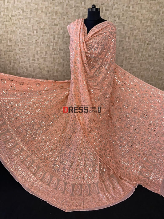 Peach Lucknowi Mirror & Gota Patti Lehenga Set Chikankari