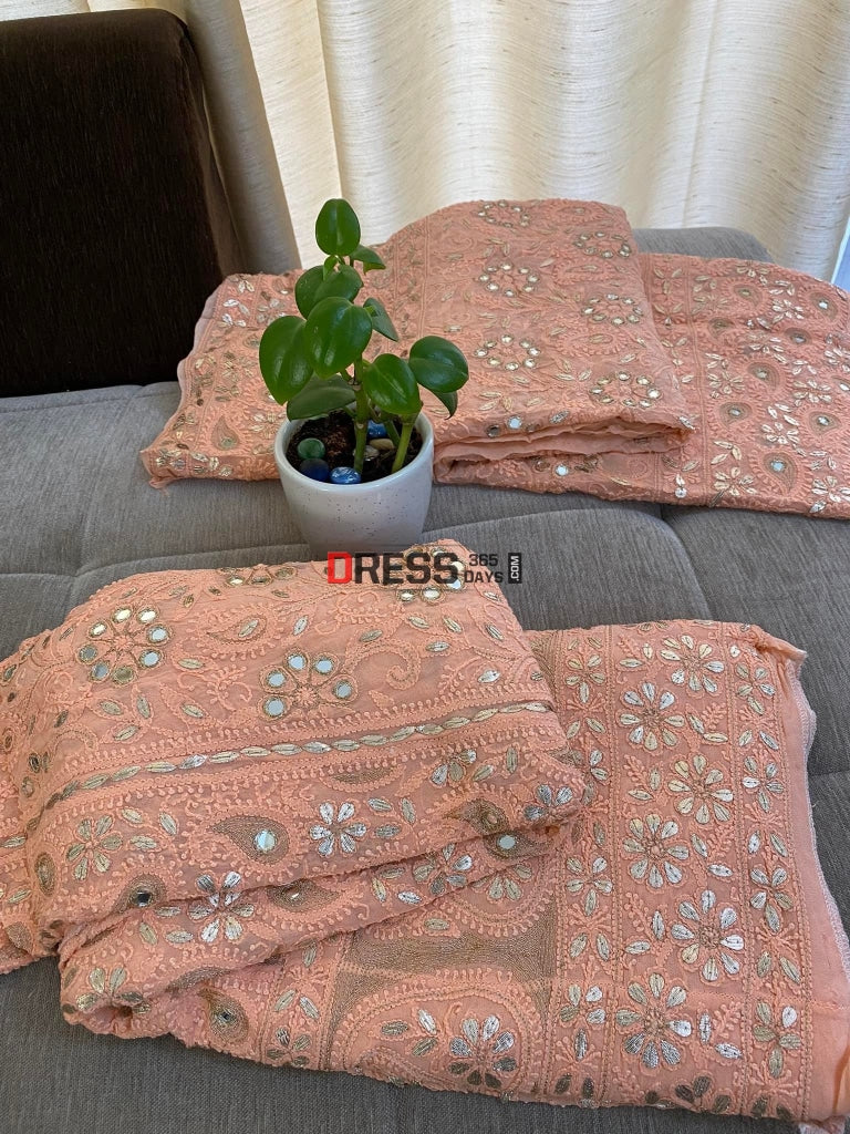 Peach Lucknowi Mirror & Gota Patti Lehenga Set Chikankari