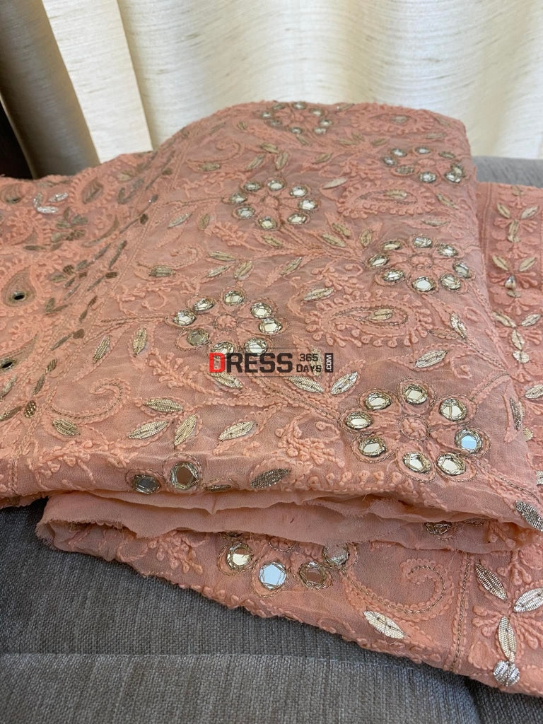 Peach Lucknowi Mirror & Gota Patti Lehenga Set Chikankari