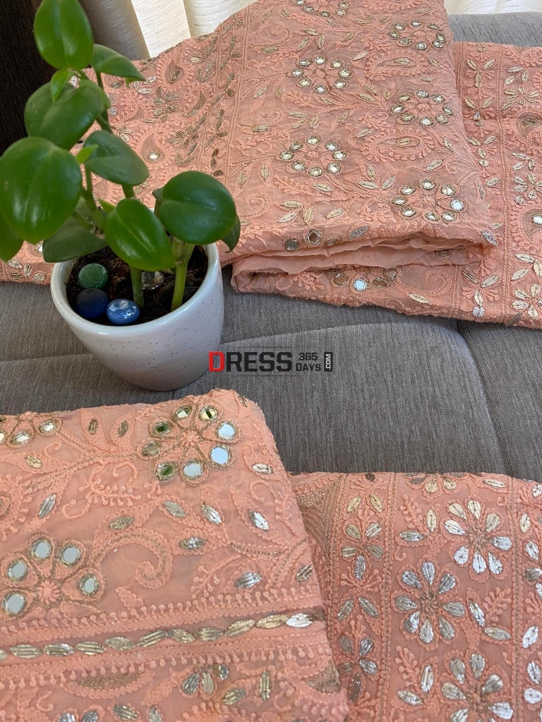Peach Lucknowi Mirror & Gota Patti Lehenga Set Chikankari