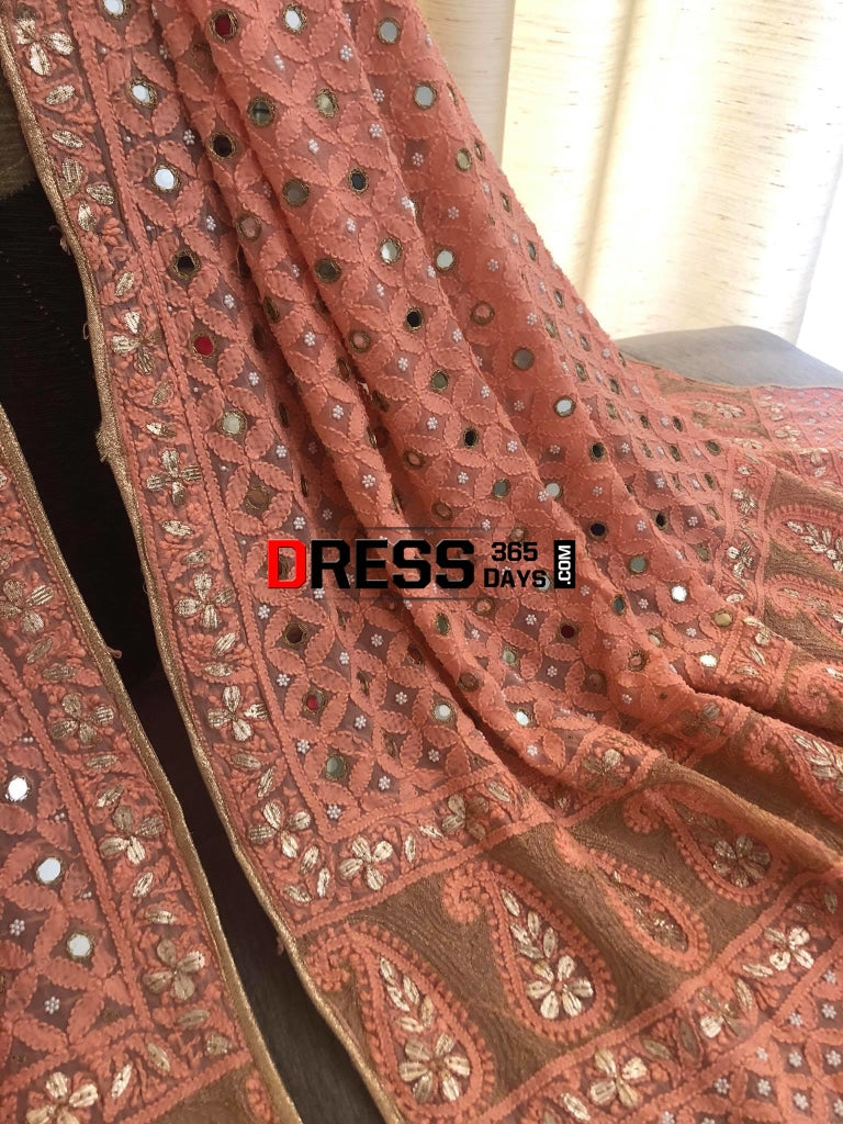 Peach Mirror & Gota Patti Chikankari Dupatta