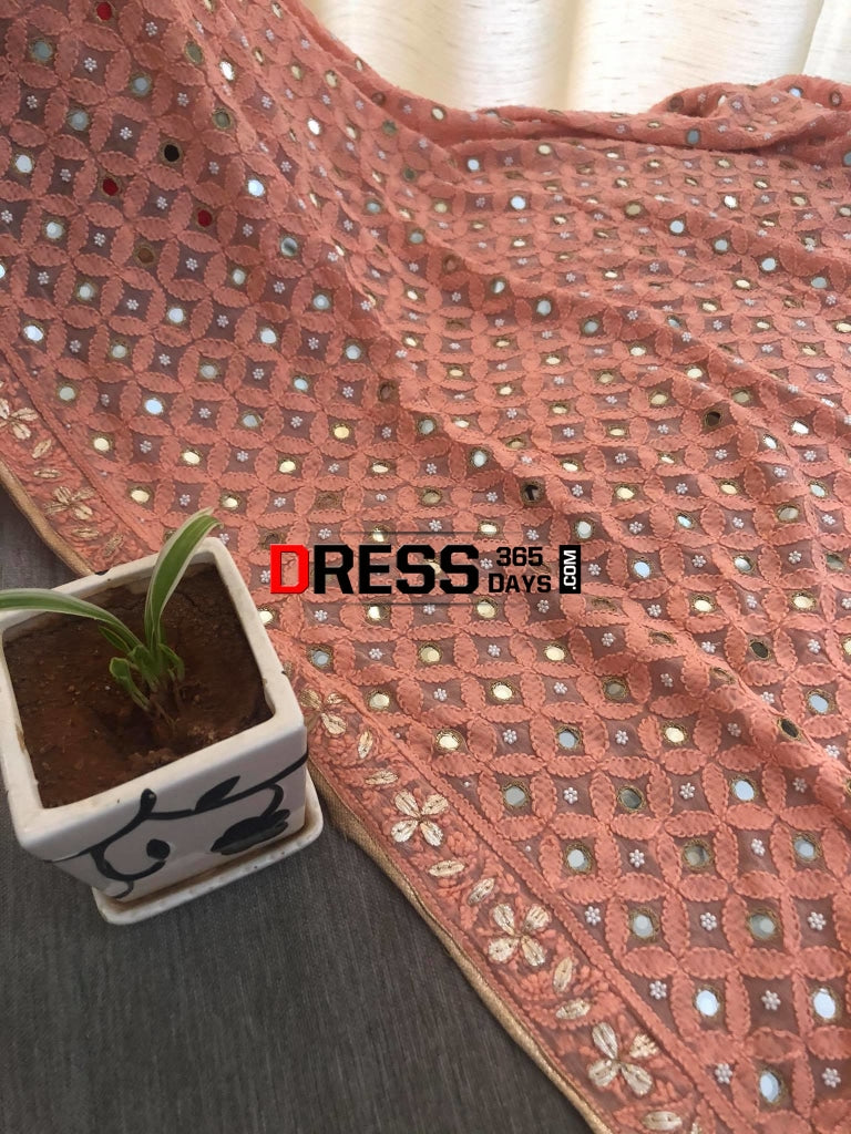 Peach Mirror & Gota Patti Chikankari Dupatta