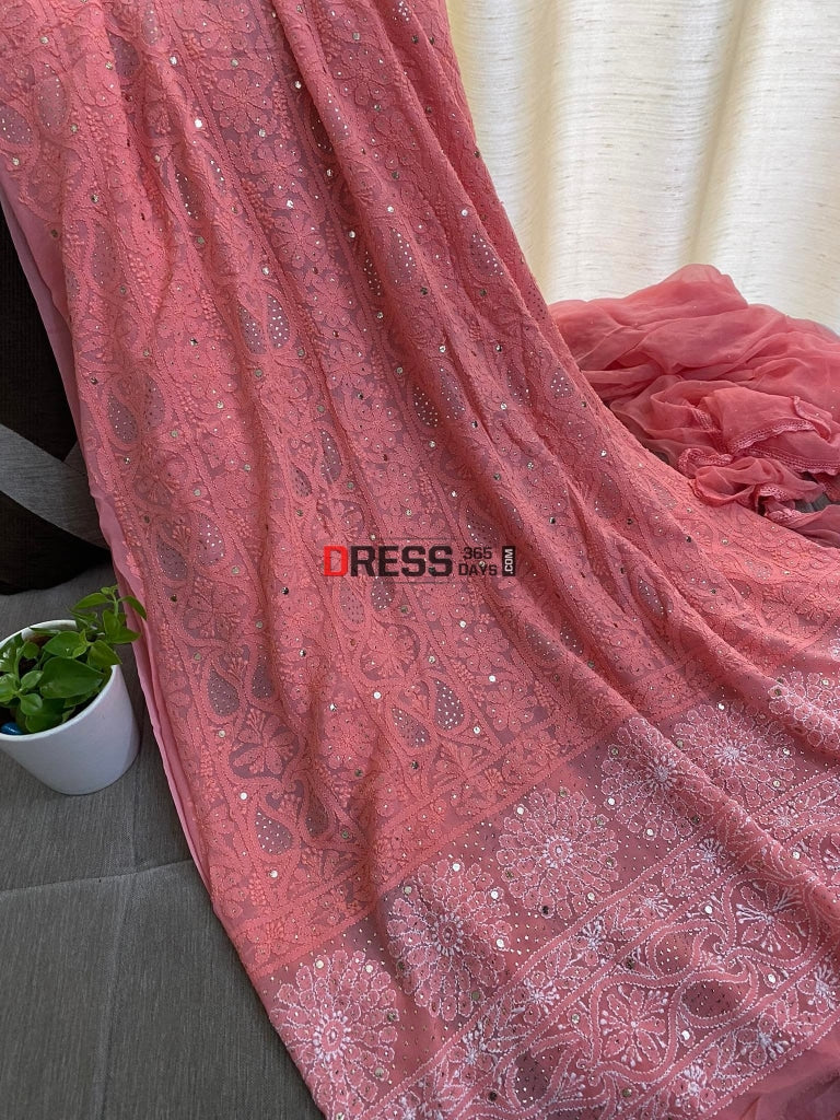 Peach Mukaish Chikankari Kurta Dupatta Suits