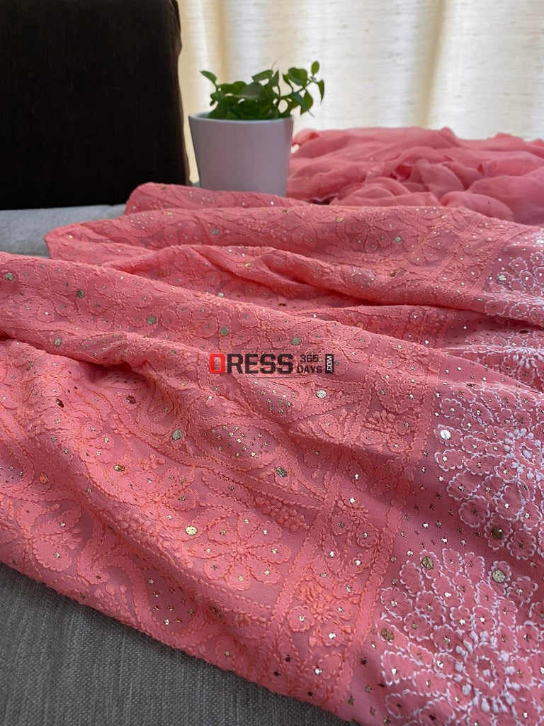 Peach Mukaish Chikankari Kurta Dupatta Suits