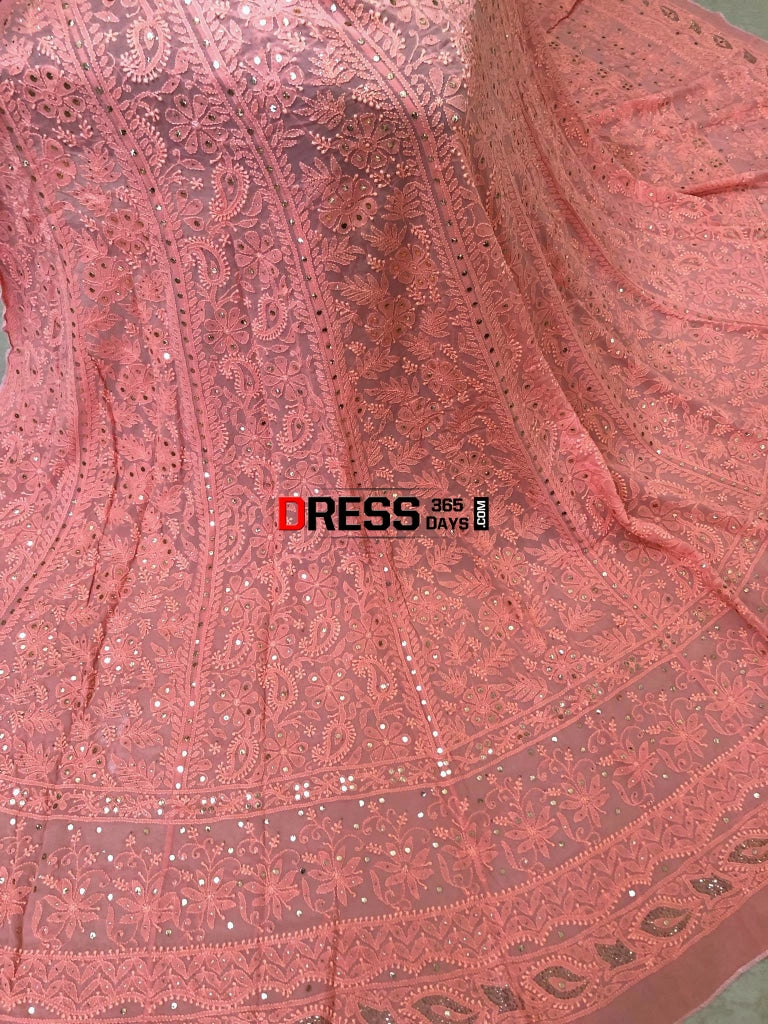 Peach Mukaish Chikankari Lehenga Skirt (Only Skirt)