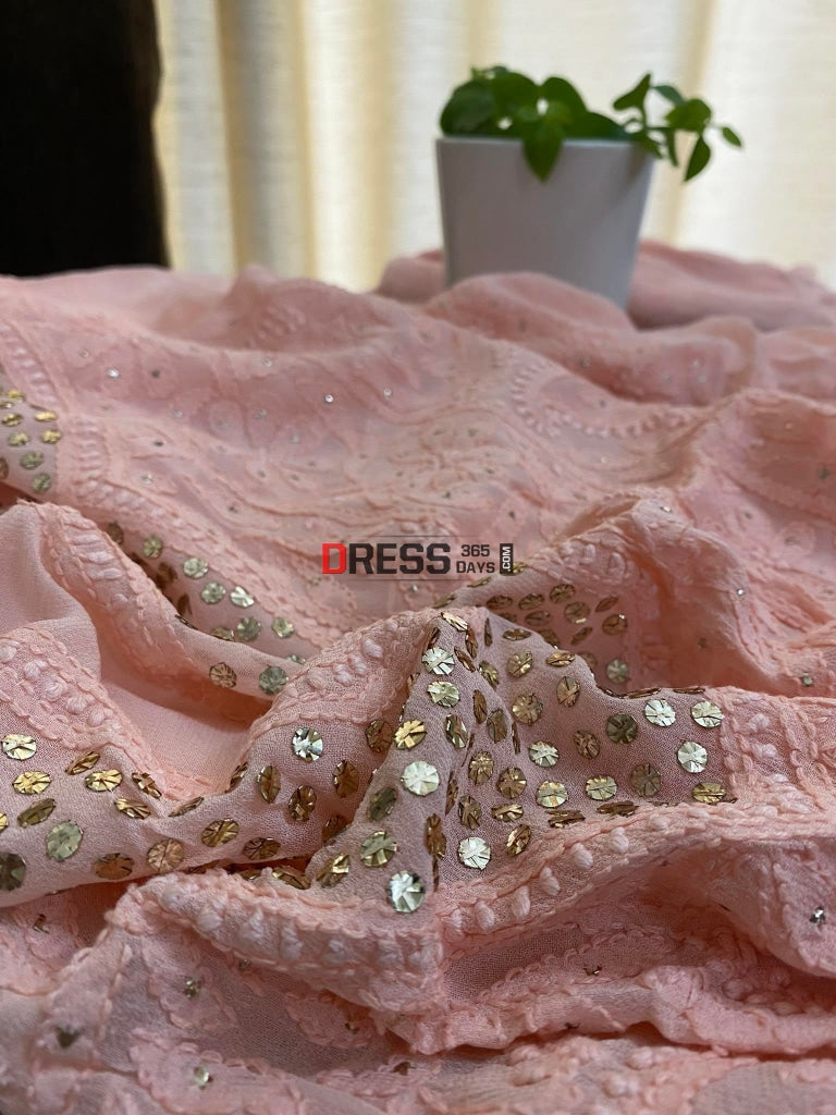 Peach Mukaish Neckline Chikankari Kurta Dupatta Suits