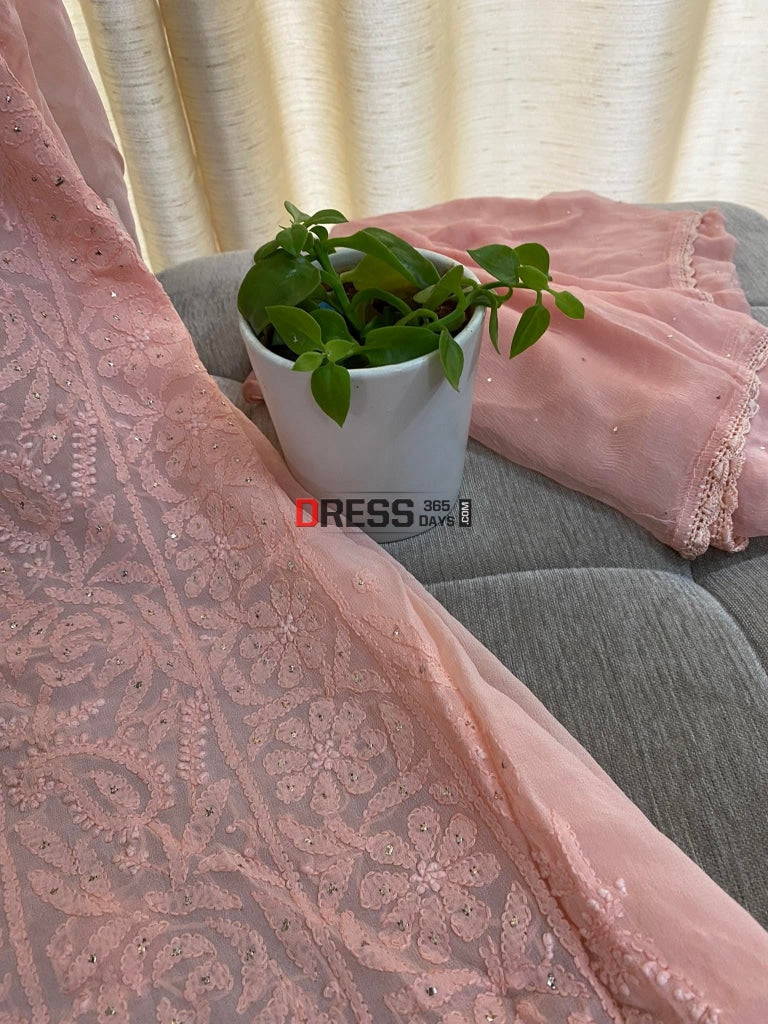 Peach Mukaish Neckline Chikankari Kurta Dupatta Suits