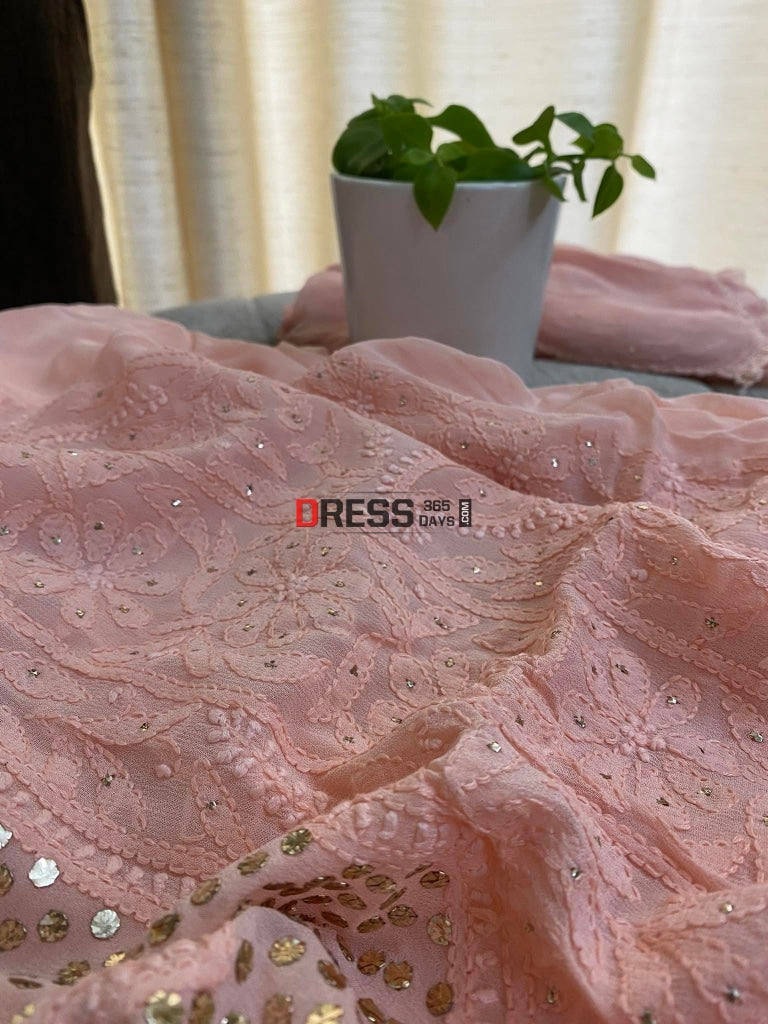 Peach Mukaish Neckline Chikankari Kurta Dupatta Suits