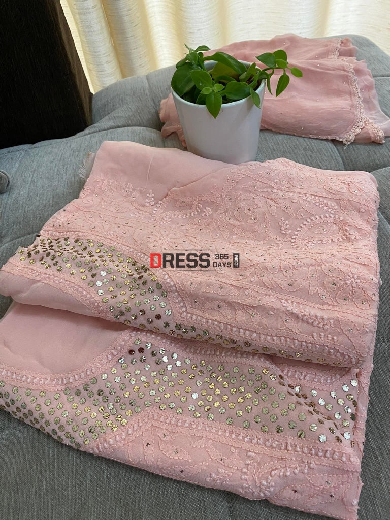 Peach Mukaish Neckline Chikankari Kurta Dupatta Suits