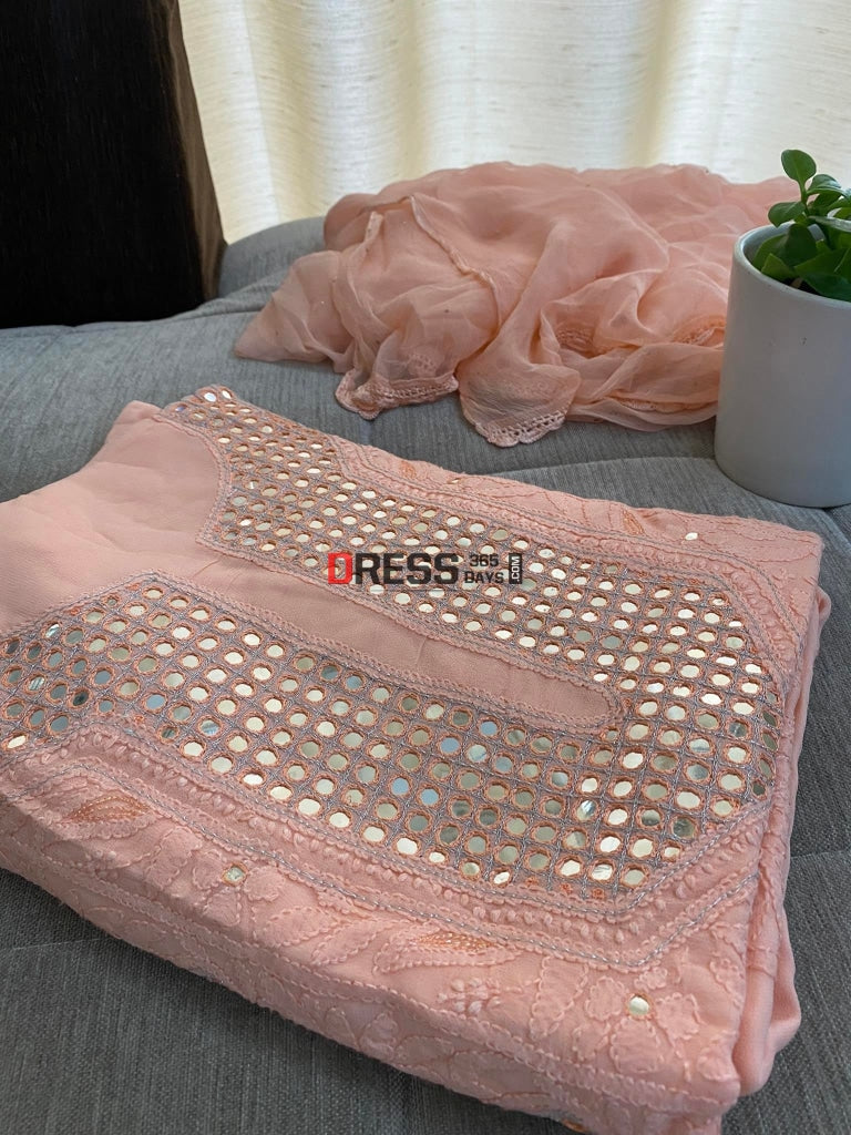 Peach Neckline Chikankari Kurta Dupatta Suits