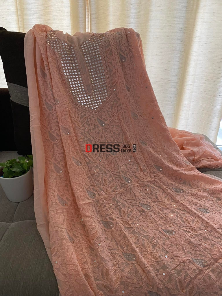 Peach Neckline Chikankari Kurta Dupatta Suits