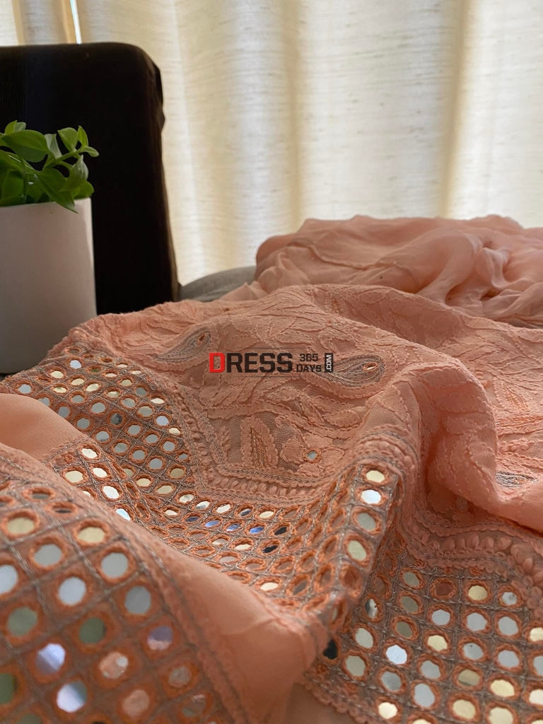 Peach Neckline Chikankari Kurta Dupatta Suits