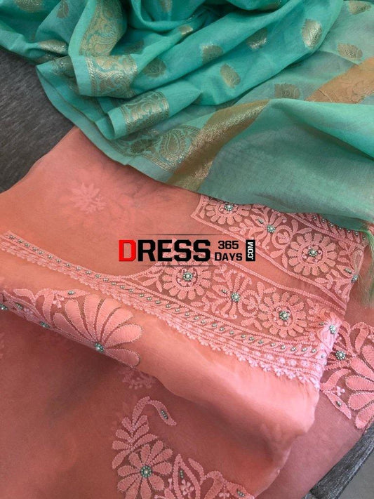 Peach Organza Beads Chikankari Suit With Banarasi Dupatta Suits