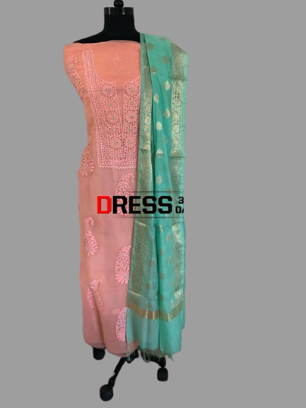 Peach Organza Beads Chikankari Suit with Banarasi Dupatta - Dress365days