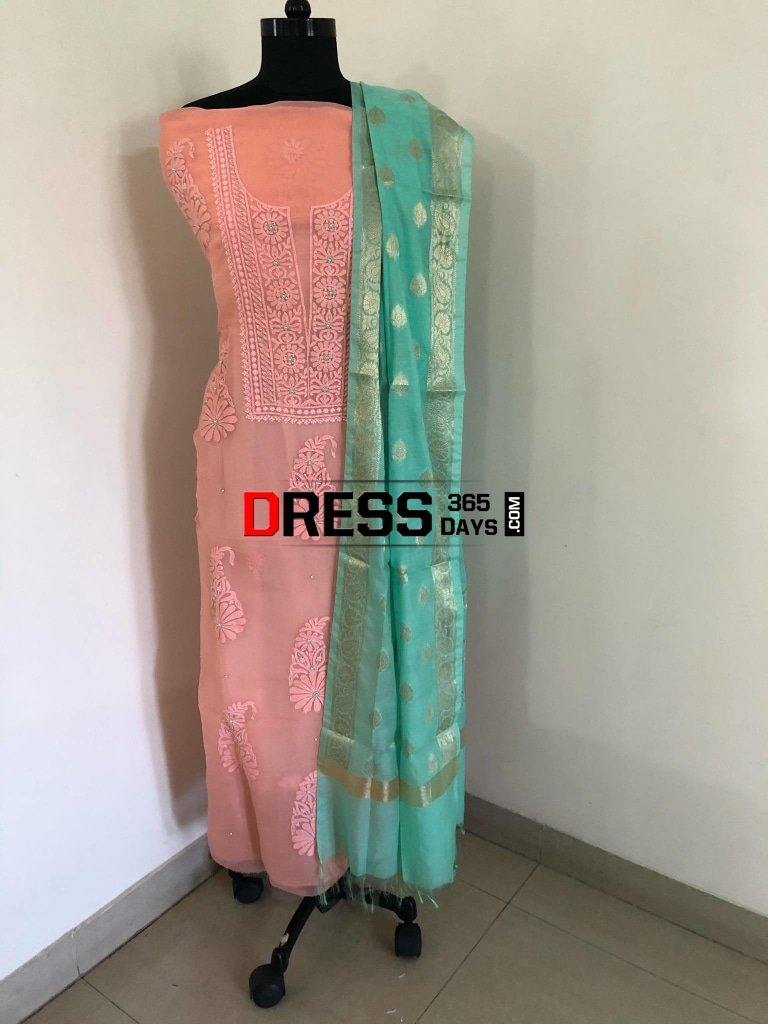Peach Organza Beads Chikankari Suit With Banarasi Dupatta Suits