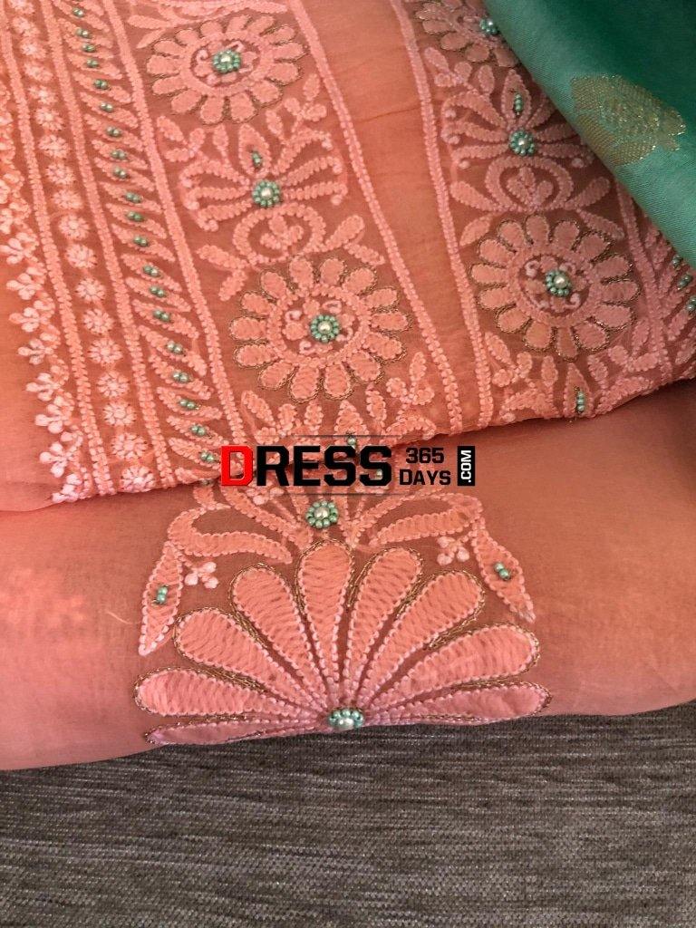 Peach Organza Beads Chikankari Suit With Banarasi Dupatta Suits