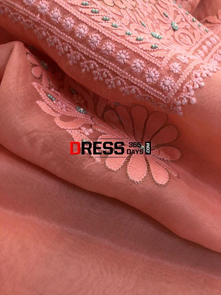 Peach Organza Beads Chikankari Suit With Banarasi Dupatta Suits