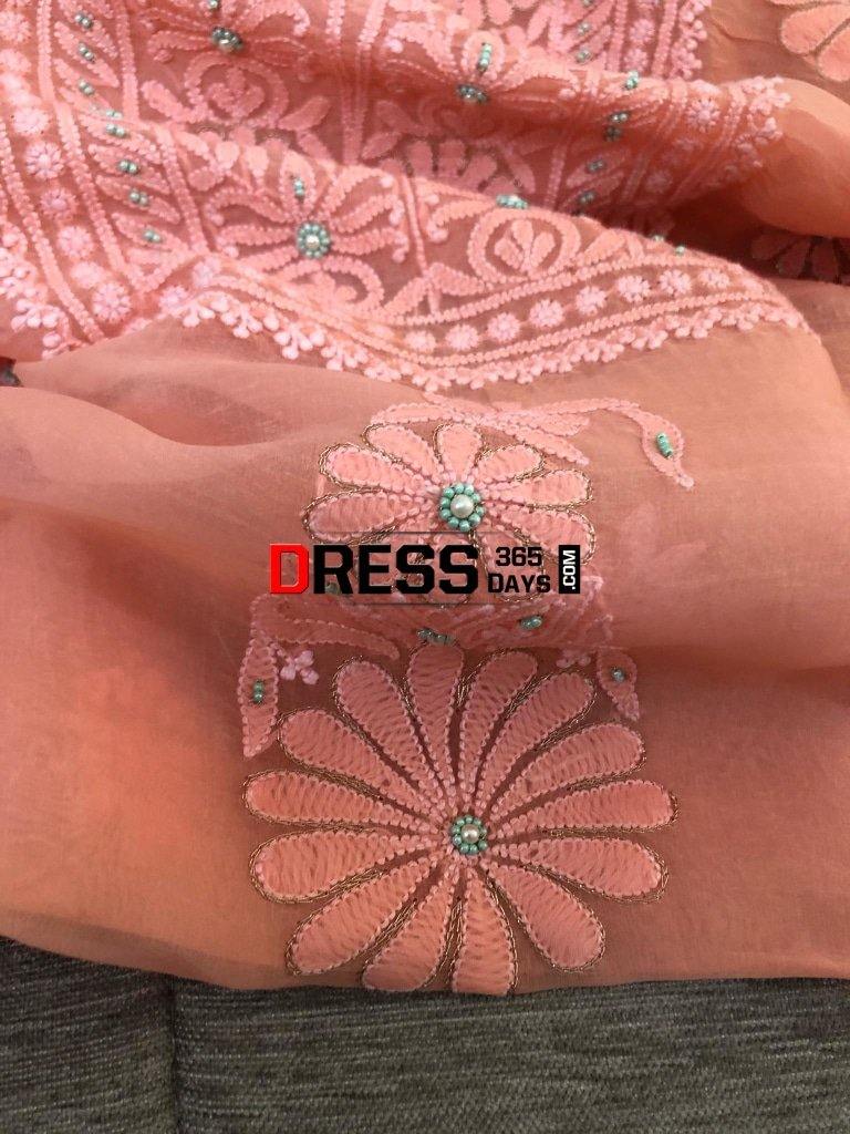 Peach Organza Beads Chikankari Suit With Banarasi Dupatta Suits