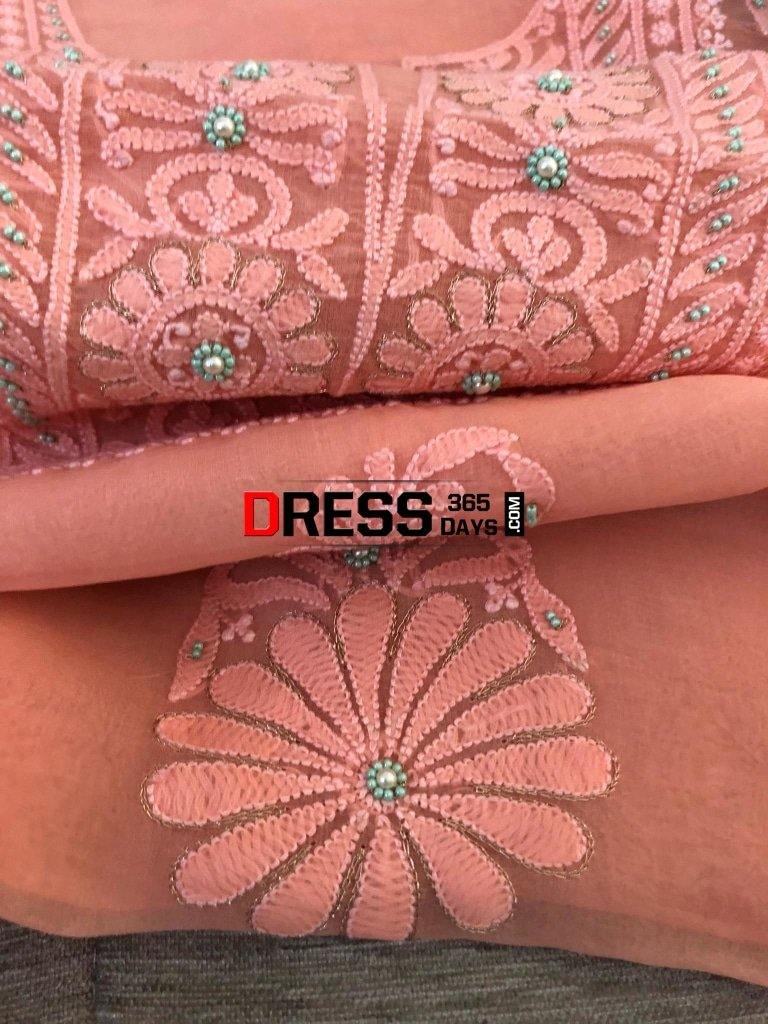 Peach Organza Beads Chikankari Suit With Banarasi Dupatta Suits