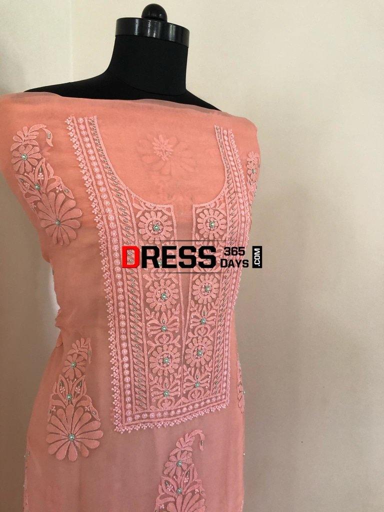 Peach Organza Beads Chikankari Suit With Banarasi Dupatta Suits