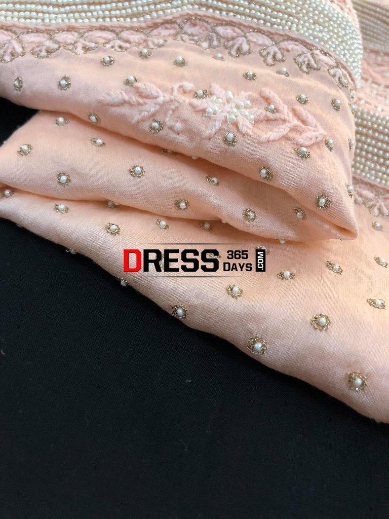 Peach Pure Chanderi Silk Chikankari Suit With Beads Work Suits