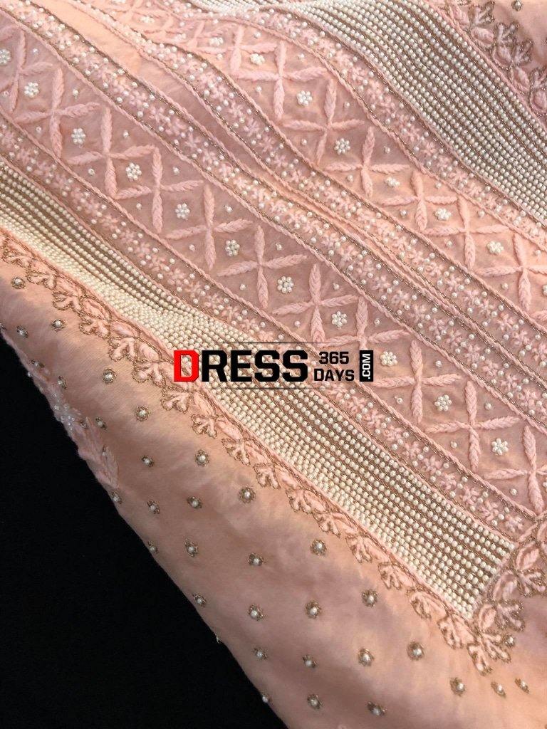 Peach Pure Chanderi Silk Chikankari Suit With Beads Work Suits