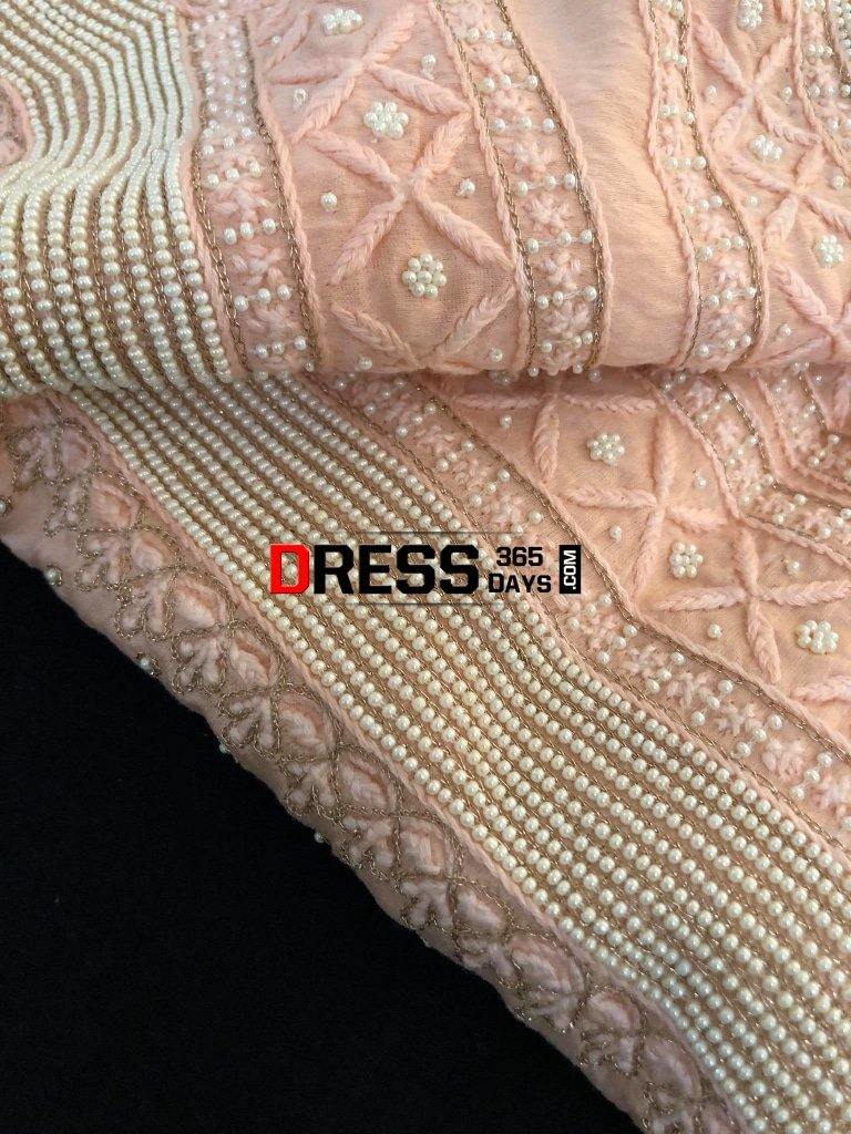 Peach Pure Chanderi Silk Chikankari Suit With Beads Work Suits