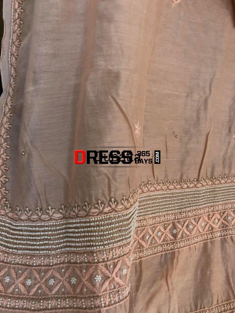 Peach Pure Chanderi Silk Chikankari Suit With Beads Work Suits