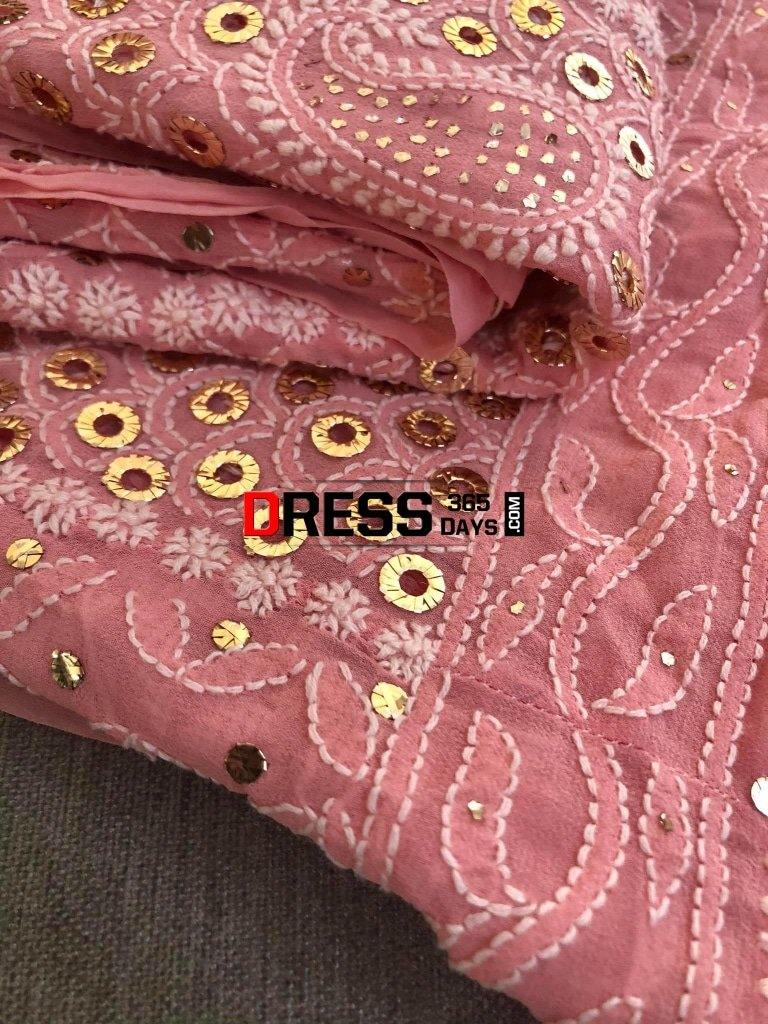 Peach Ring Mukaish Chikankari Anarkali Suit
