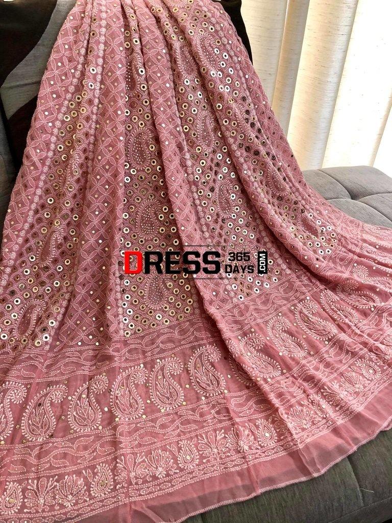 Peach Ring Mukaish Chikankari Anarkali Suit
