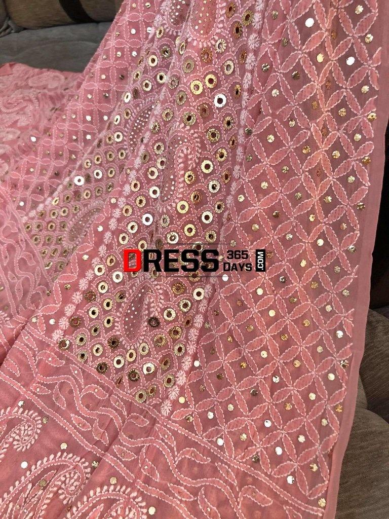 Peach Ring Mukaish Chikankari Anarkali Suit
