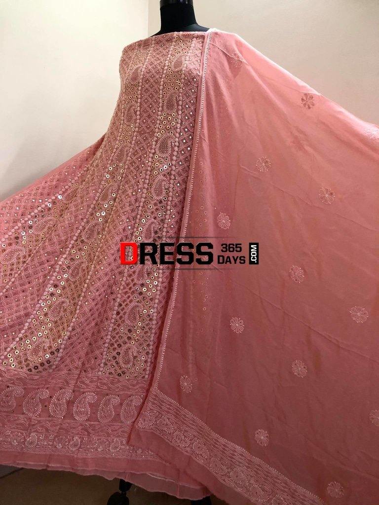 Peach Ring Mukaish Chikankari Anarkali Suit