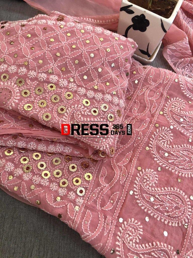 Peach Ring Mukaish Chikankari Anarkali Suit