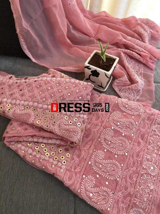 Peach Ring Mukaish Chikankari Anarkali Suit